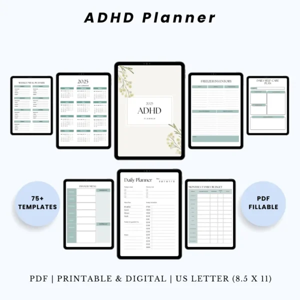 Product image of an ADHD planner with structured pages for task management, routines, focus tracking, and brain dumps.