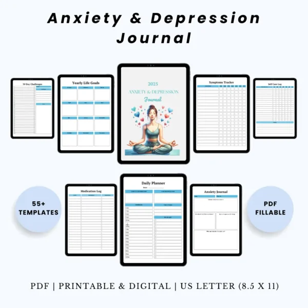 Product image of an anxiety and depression journal with pages for mood tracking, thought reflection, coping strategies, and gratitude logs.