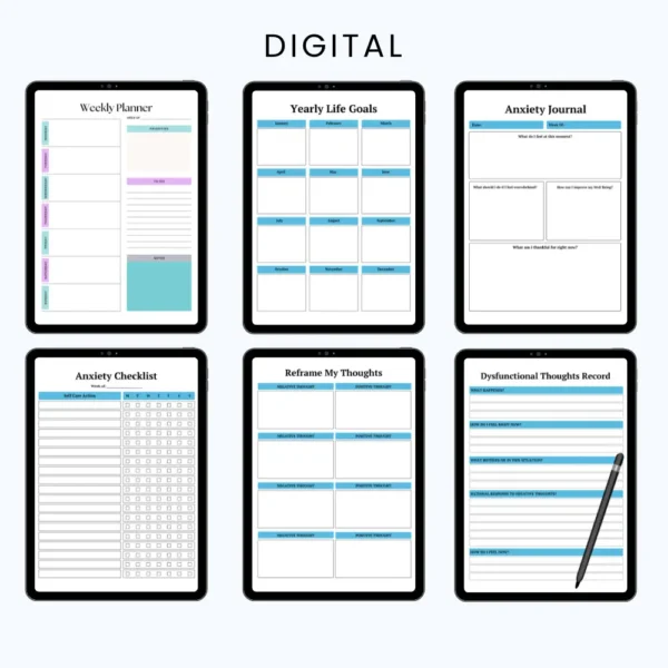 Product image of an anxiety and depression journal with pages for mood tracking, thought reflection, coping strategies, and gratitude logs.