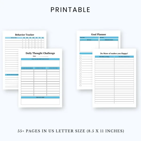 Product image of an anxiety and depression journal with pages for mood tracking, thought reflection, coping strategies, and gratitude logs.