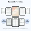 Product image of a budget planner with pages for income tracking, expense logs, savings goals, and monthly overviews.