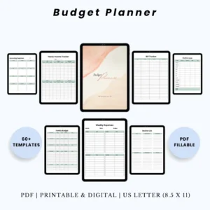 Product image of a budget planner with pages for income tracking, expense logs, savings goals, and monthly overviews.