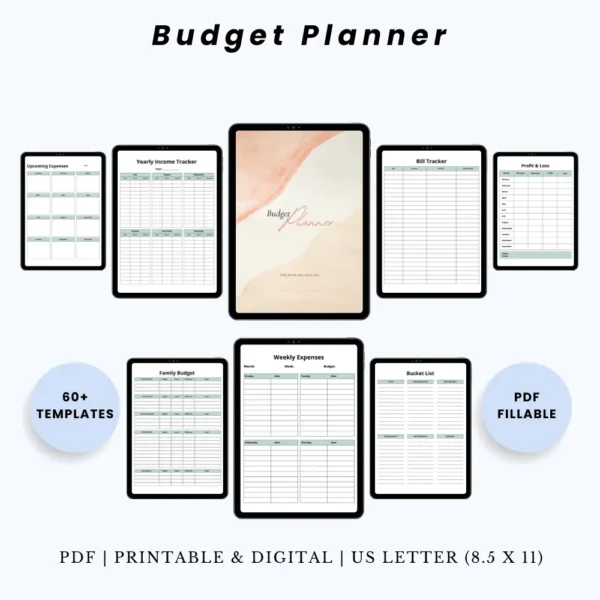 Product image of a budget planner with pages for income tracking, expense logs, savings goals, and monthly overviews.