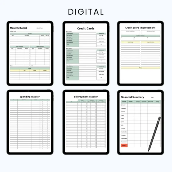 Product image of a budget planner with pages for income tracking, expense logs, savings goals, and monthly overviews.