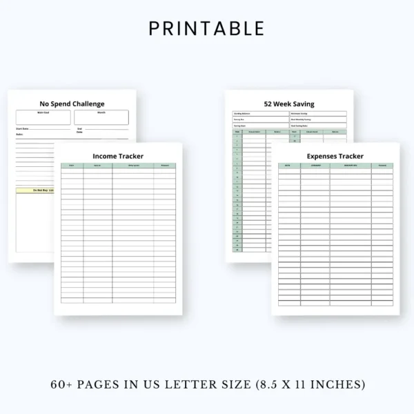 Product image of a budget planner with pages for income tracking, expense logs, savings goals, and monthly overviews.