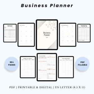 Product image of a business planner with pages for goal setting, finances, marketing plans, and daily operations.