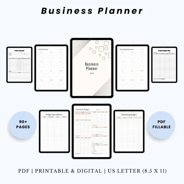 Product image of a business planner with pages for goal setting, finances, marketing plans, and daily operations.