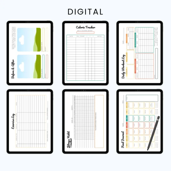 Product image of a fitness planner with pages for workout tracking, goal setting, meal planning, and progress monitoring.