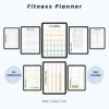 Product image of a fitness planner with pages for workout tracking, goal setting, meal planning, and progress monitoring.