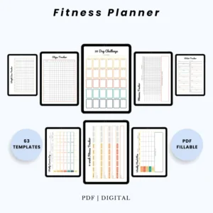 Product image of a fitness planner with pages for workout tracking, goal setting, meal planning, and progress monitoring.