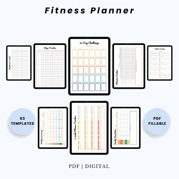Product image of a fitness planner with pages for workout tracking, goal setting, meal planning, and progress monitoring.