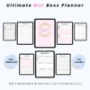 Product image of the Ultimate Girl Boss Planner with pages for business goals, branding, scheduling, and income tracking.