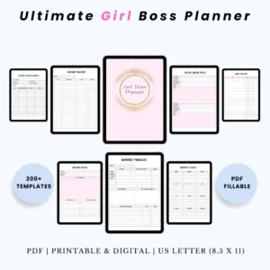 Product image of the Ultimate Girl Boss Planner with pages for business goals, branding, scheduling, and income tracking.