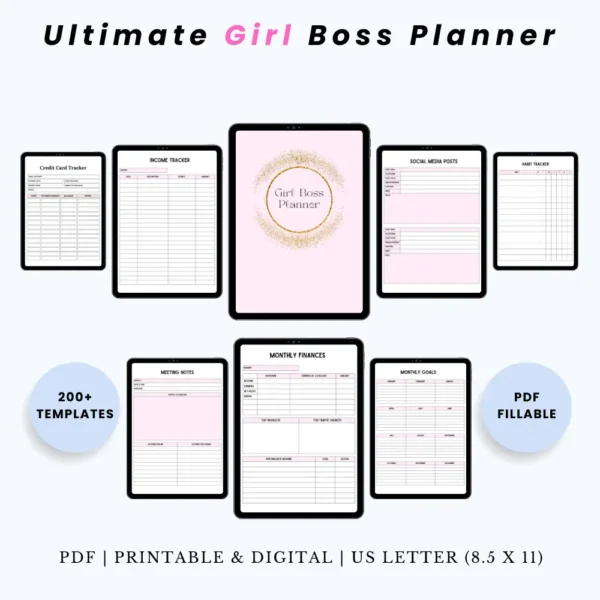 Product image of the Ultimate Girl Boss Planner with pages for business goals, branding, scheduling, and income tracking.