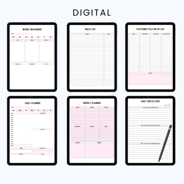 Product image of the Ultimate Girl Boss Planner with pages for business goals, branding, scheduling, and income tracking.