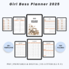 Product image of the Girl Boss Planner 2025 with pages for goal setting, business planning, daily routines, and financial tracking.