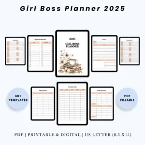 Product image of the Girl Boss Planner 2025 with pages for goal setting, business planning, daily routines, and financial tracking.