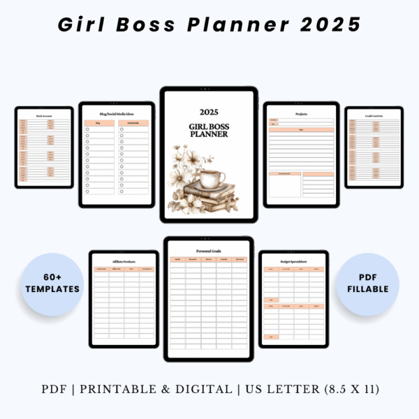 Product image of the Girl Boss Planner 2025 with pages for goal setting, business planning, daily routines, and financial tracking.