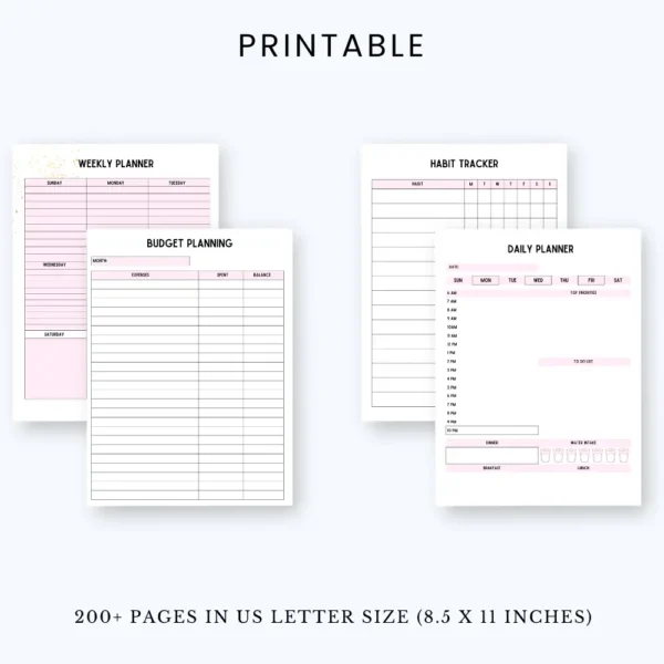 Product image of the Ultimate Girl Boss Planner with pages for business goals, branding, scheduling, and income tracking.