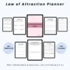 Product image of a Law of Attraction planner with pages for goal setting, affirmations, vision boards, and manifestation tracking.