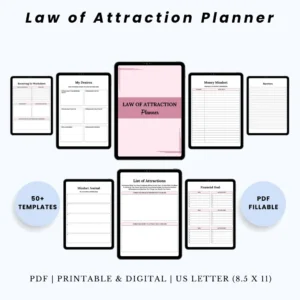 Product image of a Law of Attraction planner with pages for goal setting, affirmations, vision boards, and manifestation tracking.