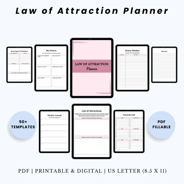 Product image of a Law of Attraction planner with pages for goal setting, affirmations, vision boards, and manifestation tracking.