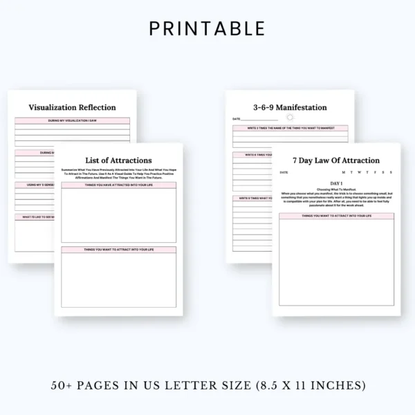 Product image of a Law of Attraction planner with pages for goal setting, affirmations, vision boards, and manifestation tracking.