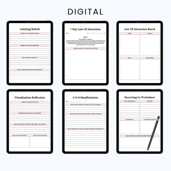 Product image of a Law of Attraction planner with pages for goal setting, affirmations, vision boards, and manifestation tracking.