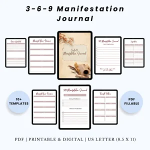 Product image of a 3-6-9 manifestation journal with structured prompts for affirmations and intentional goal setting.