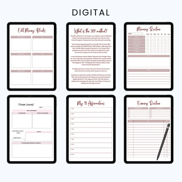 Product image of a 3-6-9 manifestation journal with structured prompts for affirmations and intentional goal setting.