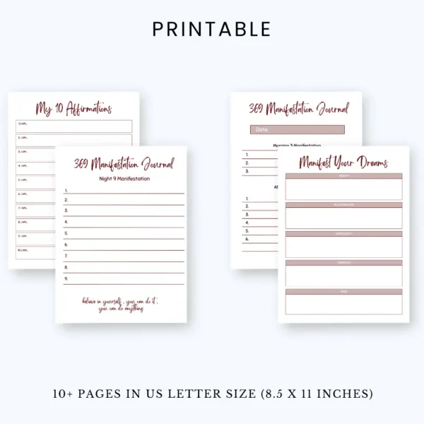 Product image of a 3-6-9 manifestation journal with structured prompts for affirmations and intentional goal setting.