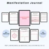 Product image of a manifestation planner with pages for affirmations, goal setting, visualization, and daily alignment.
