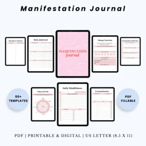 Product image of a manifestation planner with pages for affirmations, goal setting, visualization, and daily alignment.
