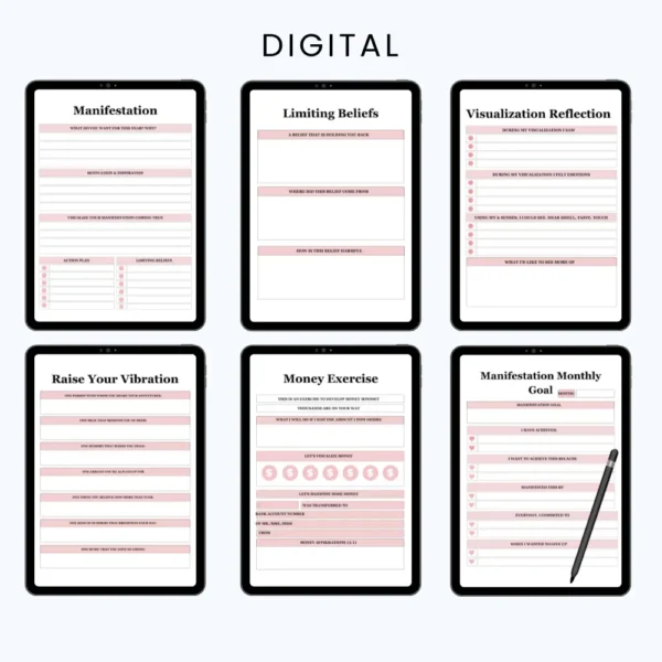 Product image of a manifestation planner with pages for affirmations, goal setting, visualization, and daily alignment.