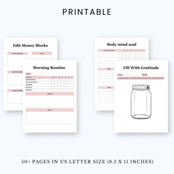 Product image of a manifestation planner with pages for affirmations, goal setting, visualization, and daily alignment.
