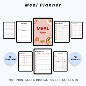 Product image of a meal planner with pages for weekly menus, grocery lists, and nutrition tracking.