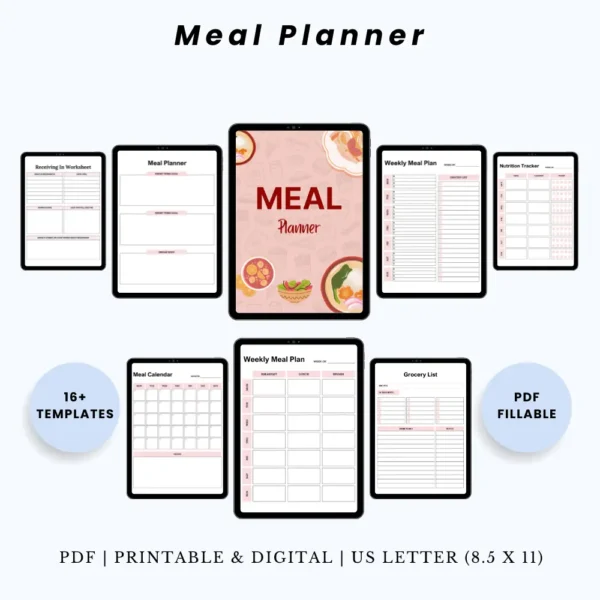 Product image of a meal planner with pages for weekly menus, grocery lists, and nutrition tracking.