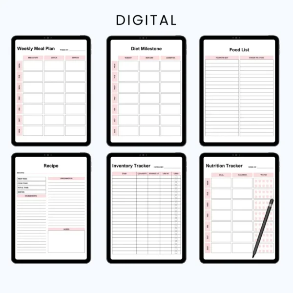 Product image of a meal planner with pages for weekly menus, grocery lists, and nutrition tracking.