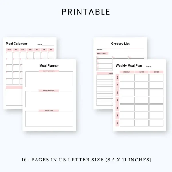 Product image of a meal planner with pages for weekly menus, grocery lists, and nutrition tracking.