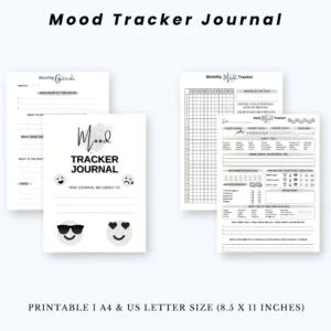 Product image of a mood tracker journal with pages for daily mood logs, emotion charts, and reflection prompts.