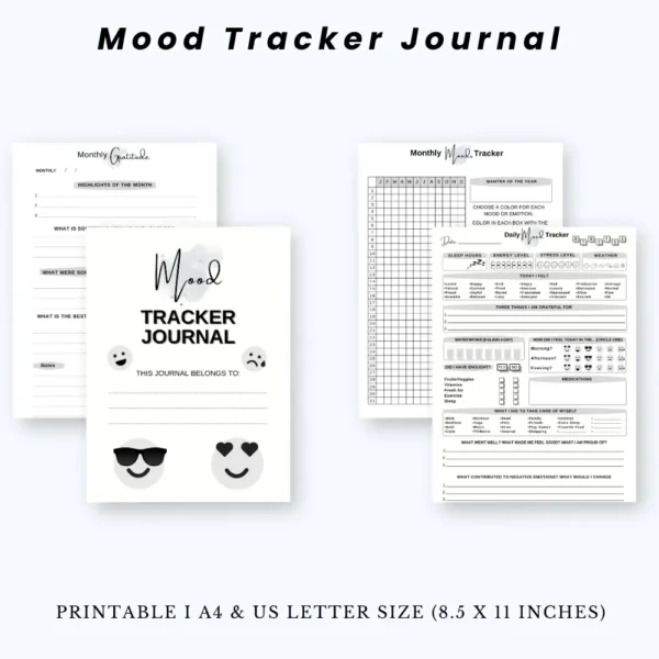 Product image of a mood tracker journal with pages for daily mood logs, emotion charts, and reflection prompts.