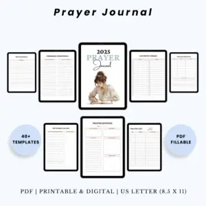 Product image of a prayer journal with pages for daily prayers, gratitude, scripture reflections, and spiritual growth tracking.