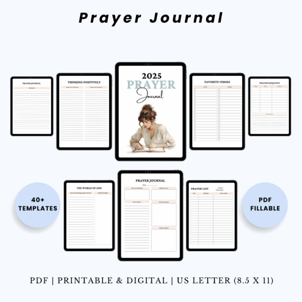Product image of a prayer journal with pages for daily prayers, gratitude, scripture reflections, and spiritual growth tracking.