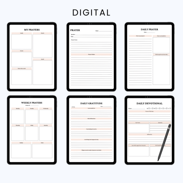 Product image of a prayer journal with pages for daily prayers, gratitude, scripture reflections, and spiritual growth tracking.