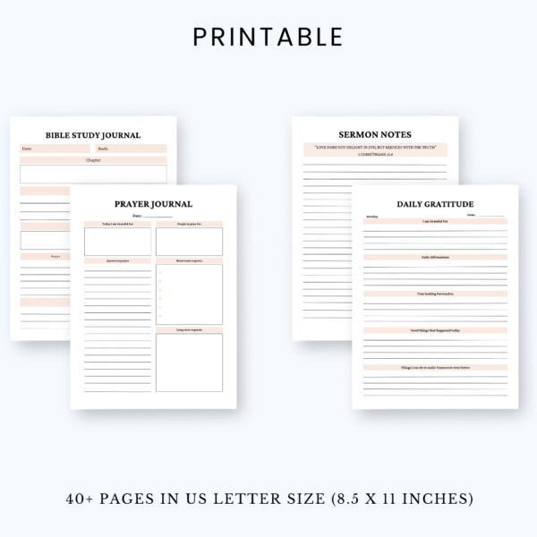 Product image of a prayer journal with pages for daily prayers, gratitude, scripture reflections, and spiritual growth tracking.