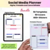 Product image of a Social Media Planner available in both digital and printable formats, featuring content calendars and strategy sections.