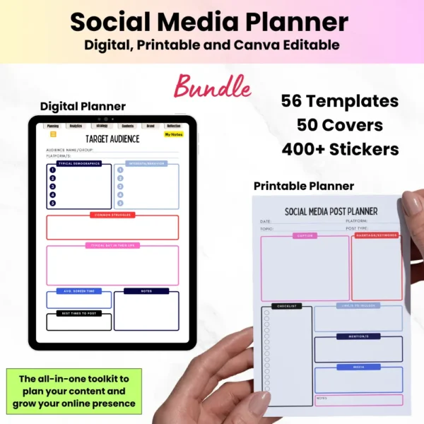 Product image of a Social Media Planner available in both digital and printable formats, featuring content calendars and strategy sections.