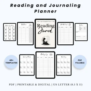 Product image of a reading and journaling planner with pages for book tracking, reflections, prompts, and personal insights.