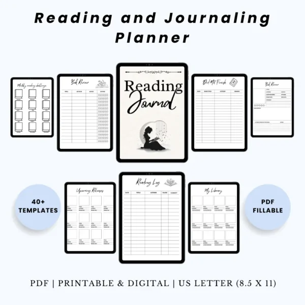 Product image of a reading and journaling planner with pages for book tracking, reflections, prompts, and personal insights.