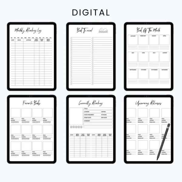 Product image of a reading and journaling planner with pages for book tracking, reflections, prompts, and personal insights.